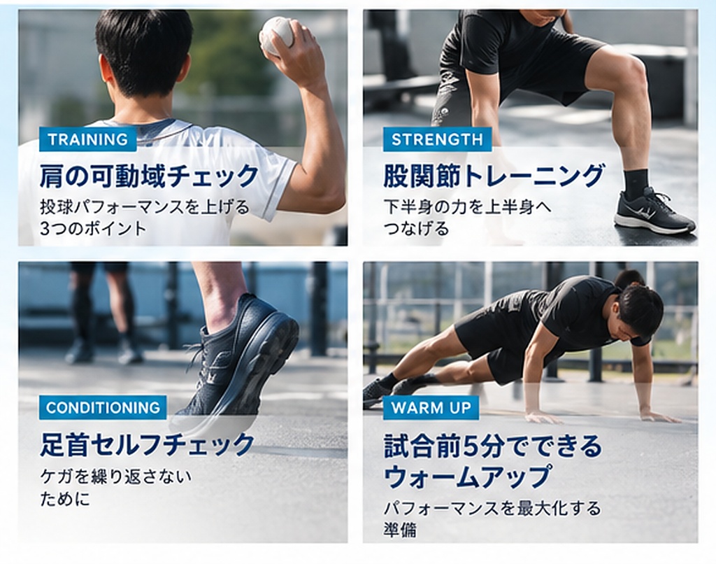 肩の可動域チェック・股関節トレーニング・足首セルフチェック・ウォームアップなどの動画コンテンツ