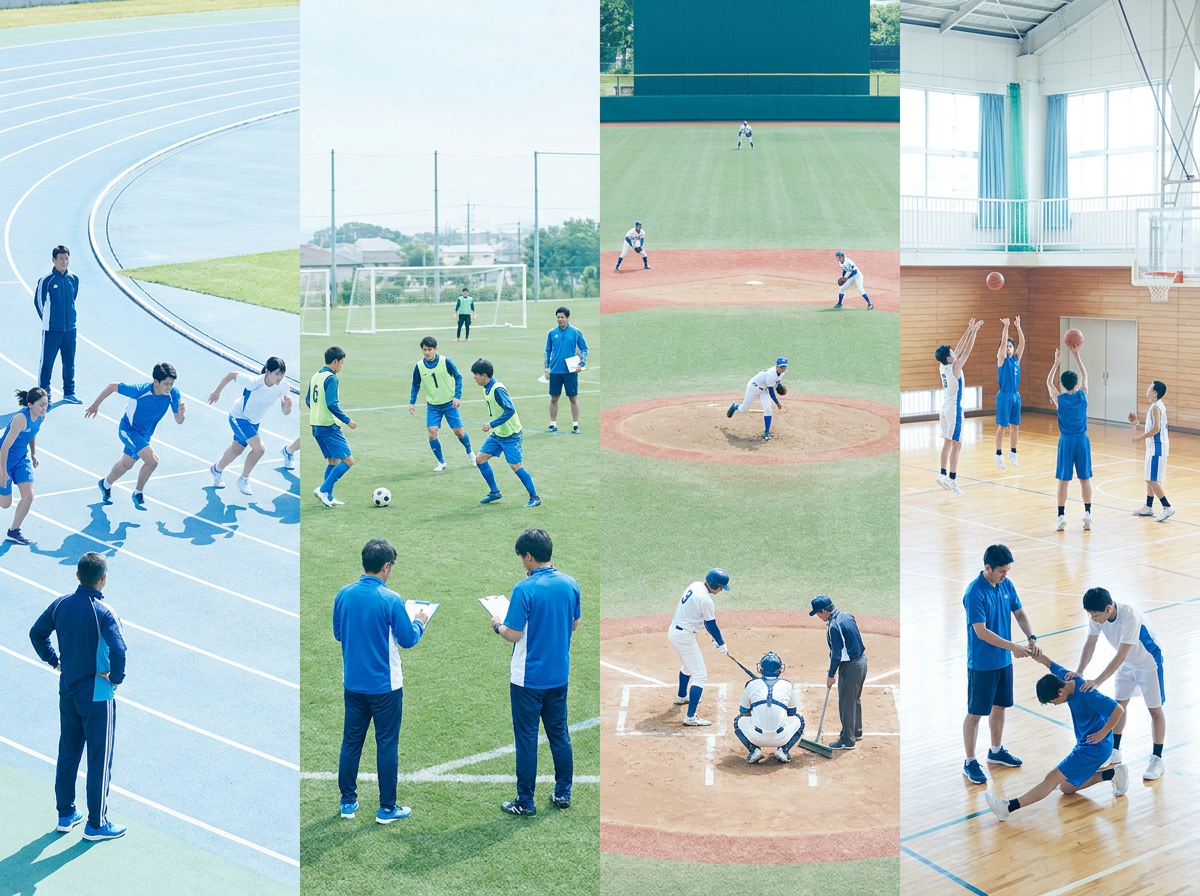 陸上・サッカー・野球・屋内競技など、さまざまなスポーツ現場で活動するスタッフのイメージ
