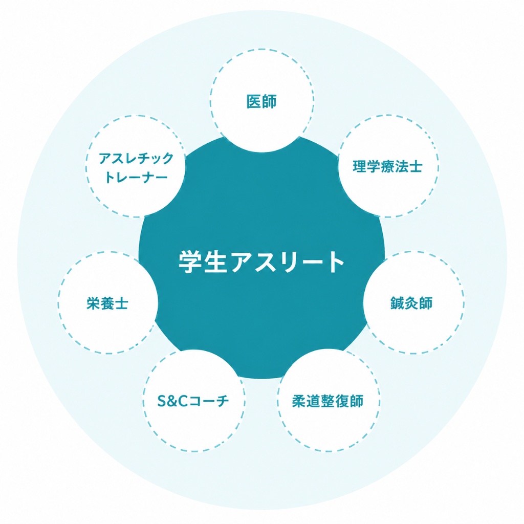 学生アスリートを中心に、医師・理学療法士・鍼灸師・柔道整復師・S&Cコーチ・栄養士・アスレチックトレーナーの7職種が連携するサポート体制図